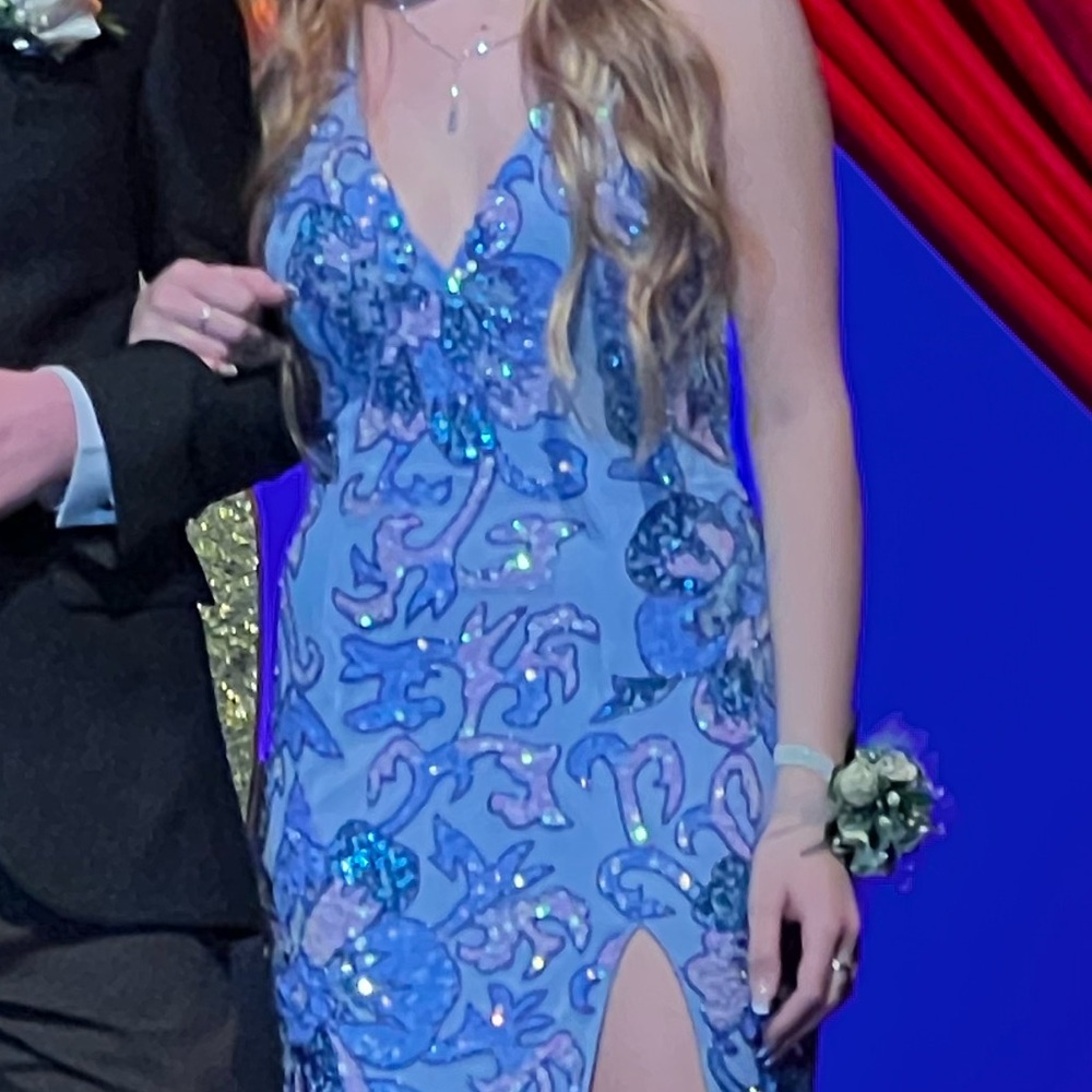 Blue Prom Gown with Slit and beaded detail - Picture 3 of 4